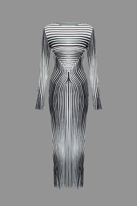 Stripe Contrast Round Neck Long Sleeve Maxi Dress Trendy A-Line Maxi Dress