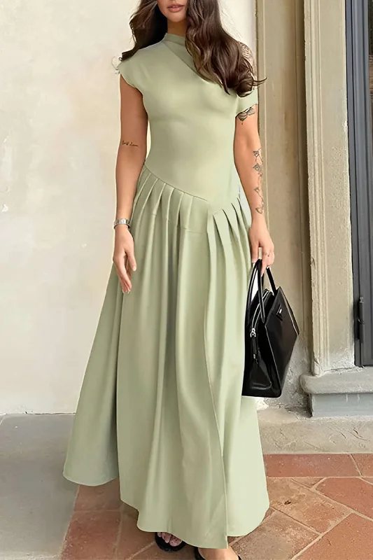 Solid Pleated Maxi Dress Stylish Long Sleeve Maxi Dress