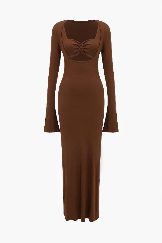 Solid Ruched Bell Sleeves Cut Out Maxi Dress Classic Strapless Maxi Dress