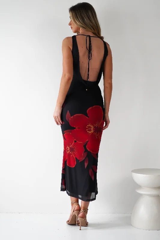 Meadow Mesh Maxi Dress | Black/Red Fashionable Layered Maxi Dress