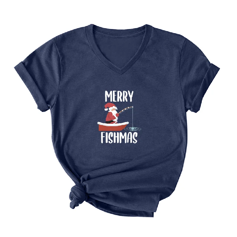 Merry Fishmas V Neck T-Shirt for Women Spandex Blend Rayon Blend Denim Blend