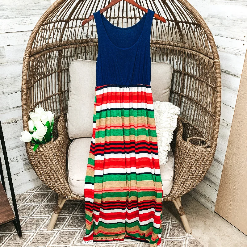 Navy Blue Tank Maxi Dress in Multicolor Stripe Pattern Trendy Off-Shoulder Ruffle Maxi Dress Navy Blue Tank Maxi Dress in Multicolor Stripe Pattern Trendy Off-Shoulder Ruffle Maxi Dress