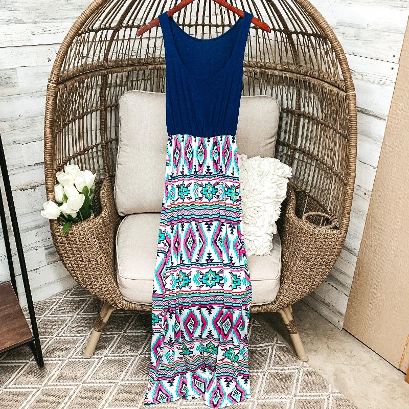 Last Chance Size Small | Navy Blue Tank Maxi Dress with Aztec Print | ONLY 1 LEFT! Fashionable Halter Neck Maxi Dress Last Chance Size Small | Navy Blue Tank Maxi Dress with Aztec Print | ONLY 1 LEFT! Fashionable Halter Neck Maxi Dress