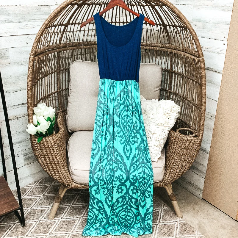 Last Chance Size Small & Med. | Navy Blue Tank Maxi Dress with Mint and Grey Damask Pattern Elegant Maxi Dress with Pockets