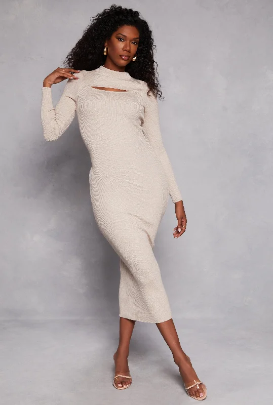 Ribbed Knit Cut Out Long Sleeve Maxi Dress Cozy Maxi Dress with Slit