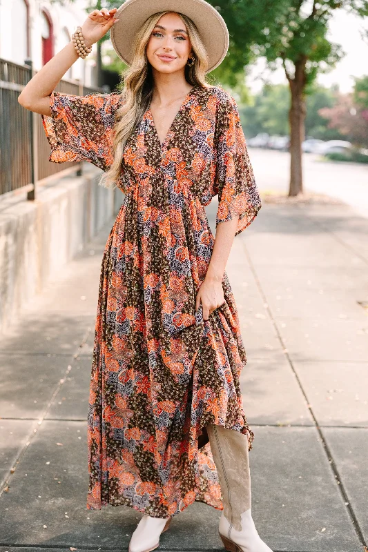 On The Edge Brown Ditsy Floral Maxi Dress Stylish Long Sleeve Maxi Dress