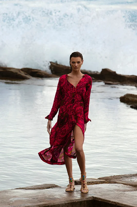 One Season - India Maxi Dress - San Sebastian Coral Fashionable Button-Down Maxi Dress One Season - India Maxi Dress - San Sebastian Coral Fashionable Button-Down Maxi Dress