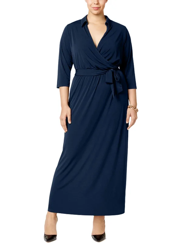 Plus Womens Faux-Wrap A-Line Maxi Dress Elegant Maxi Dress with Lace