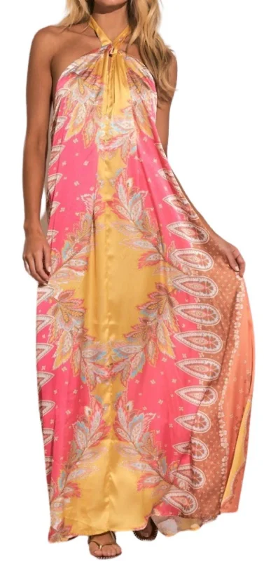 Print Halter Maxi Dress In Pink Bali Print Stylish Button-Up Maxi Dress