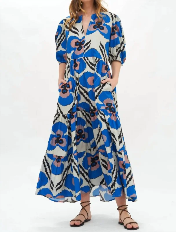 Puff Sleeve Maxi Dress In Patola/cobalt Comfortable Fitted Maxi Dress