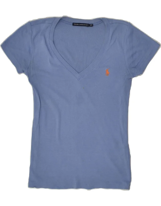 RALPH LAUREN Womens T-Shirt Top UK 8 Small Blue Cotton Zippered Front Buttoned Front Snap Front