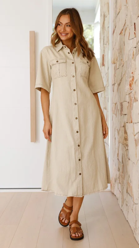 Raz Maxi Dress - Oat Denim Comfortable Ruffle Maxi Dress