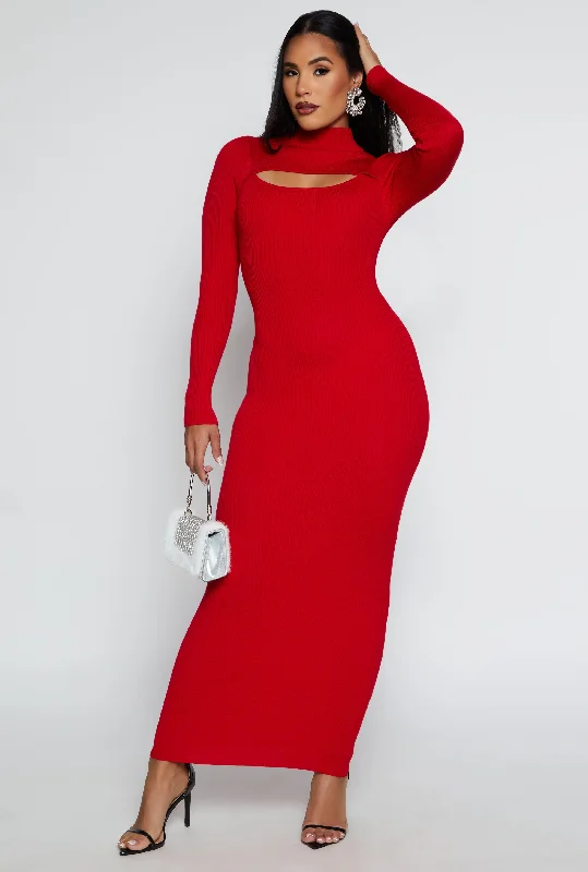 Ribbed Knit Cut Out Long Sleeve Maxi Dress Trendy Ruffled Maxi Dress