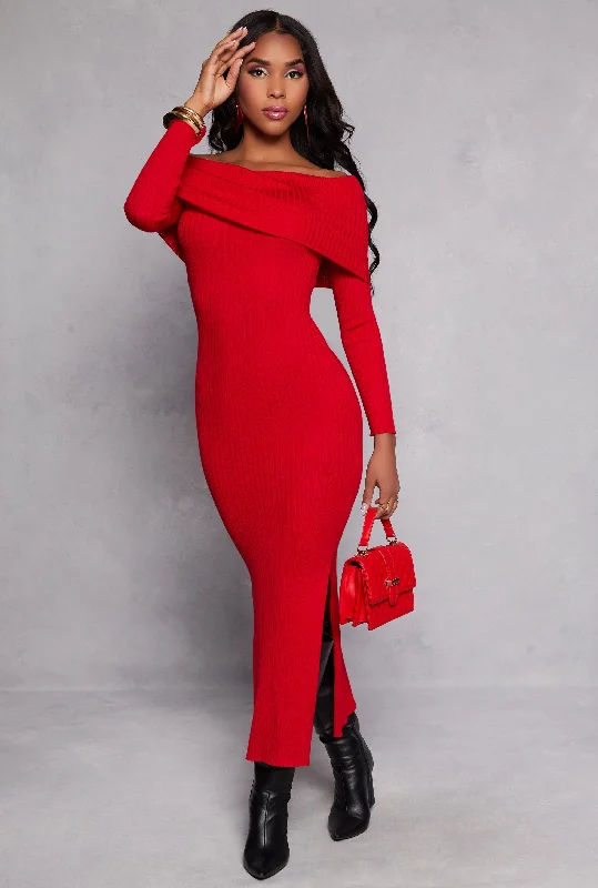 Side Slit Off The Shoulder Maxi Dress Cozy Maxi Dress with Slit