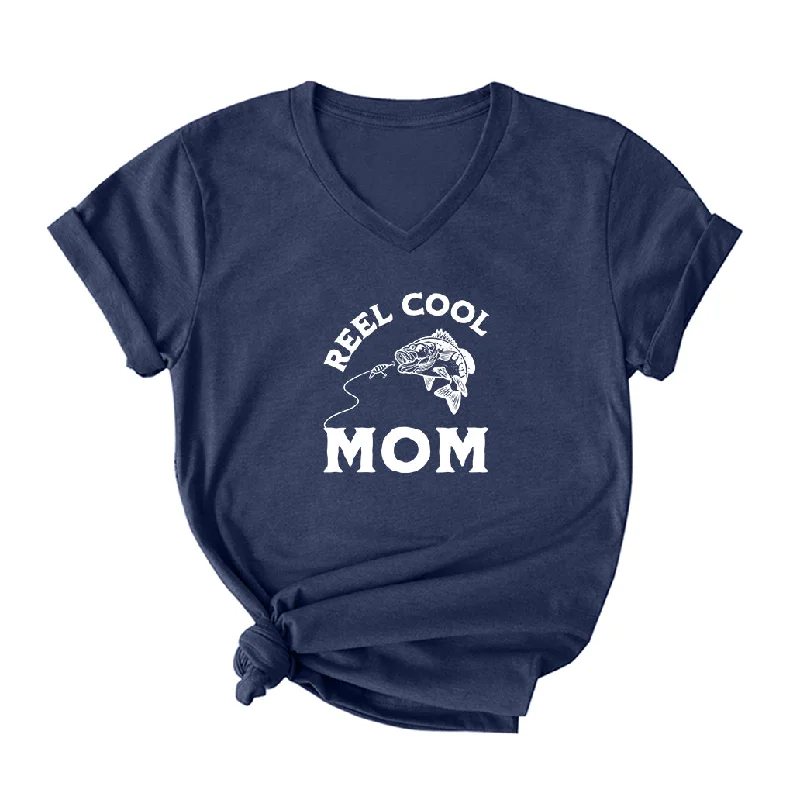 Reel Cool Mom V Neck T-Shirt for Women Lace Blend Ribbed Blend Corduroy Blend