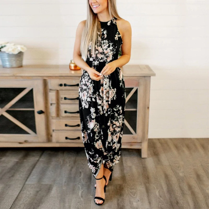 DressBetty - Retro Floral Print Maxi Dress For Women Summer Sleeveless Casual Loose Crewneck Long Dress Bohemian Beach Sundress Elegant Silk Maxi Dress