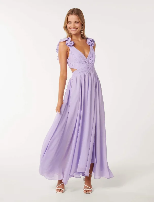 Selena Ruffle Shoulder Maxi Dress Comfortable Fitted Maxi Dress