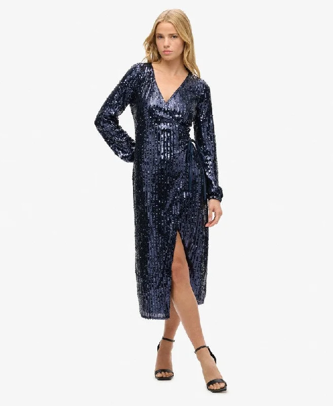 Sequin Wrap Maxi Dress | Navy Sequin Elegant Silk Maxi Dress