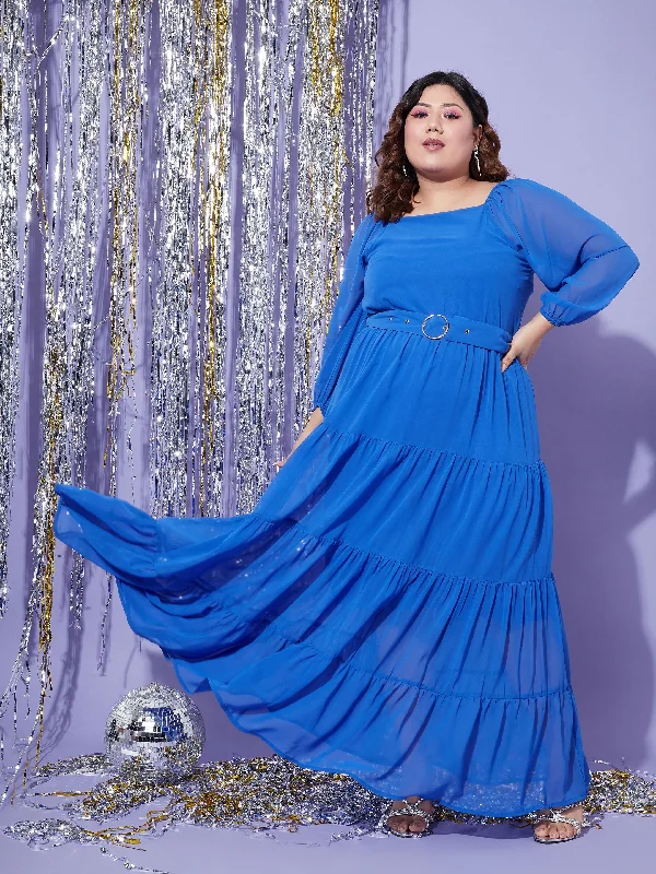 Women Blue Off Shoulder Tiered Maxi Dress Chic Boho Print Maxi Dress