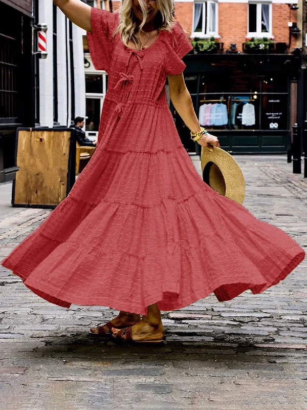 Short Sleeve Round Neck Bow Maxi Dress Classic A-Line Maxi Dress