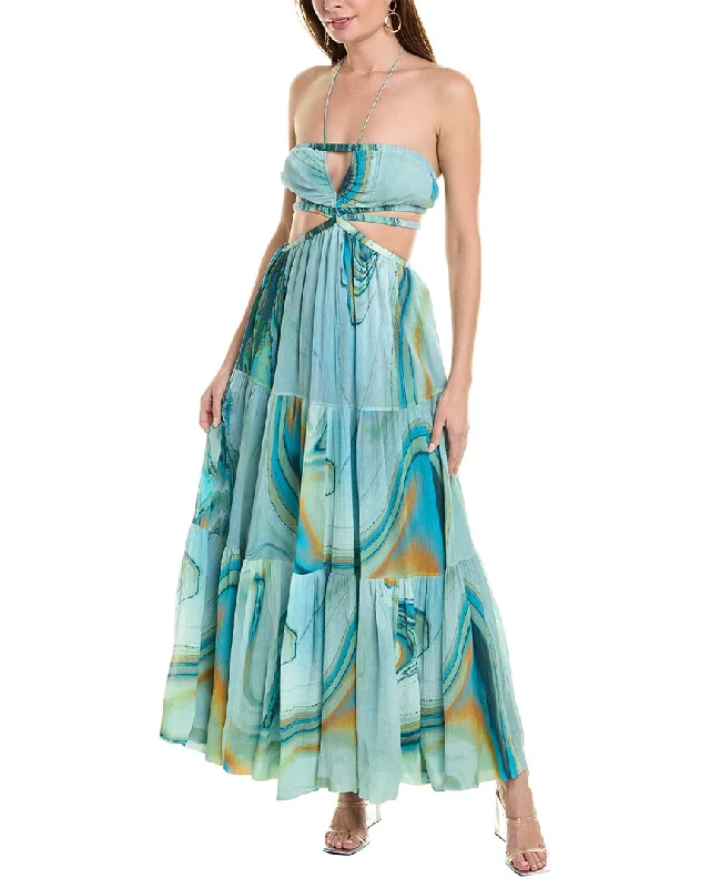SIMKHAI Shailene Laurel Silk-Blend Maxi Dress Stylish A-Line Maxi Dress