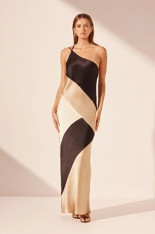 SOFIA CONTRAST ONE SHOULDER COWL BACK MAXI DRESS - BLACK/MULTI Comfortable Maxi Dress with Sleeves