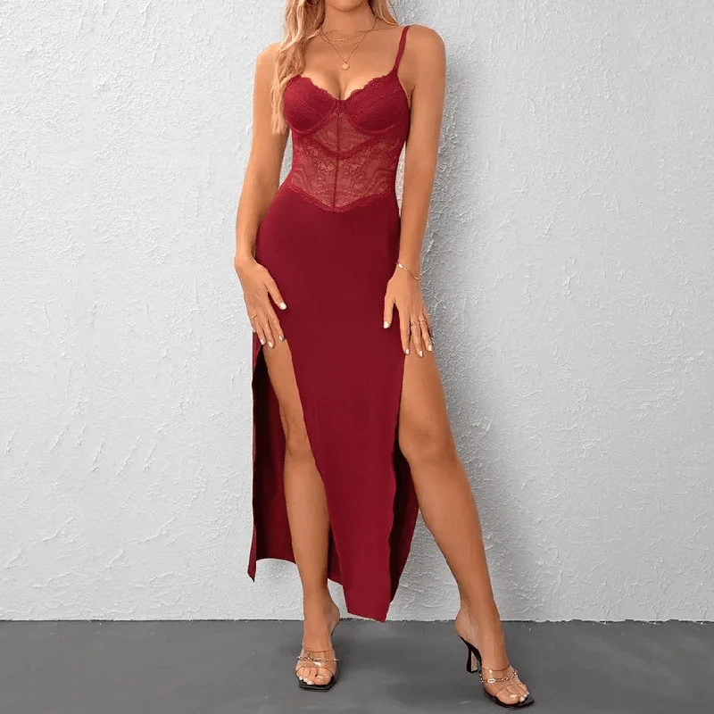 KittenAlarm - Stella Spaghetti Strap Plain Slit Panel Lace Maxi Dress Fashionable Asymmetrical Maxi Dress