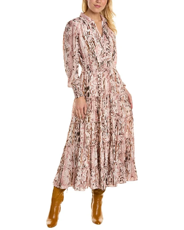 T Tahari Half Placket Tiered Maxi Dress Stylish Maxi Dress with Pleats