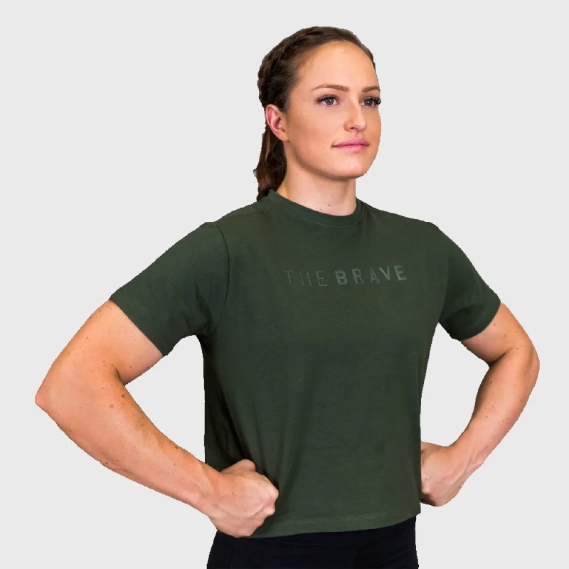 THE BRAVE - SIGNATURE CROPPED T-SHIRT - DARK OLIVE Asymmetrical Pockets Print