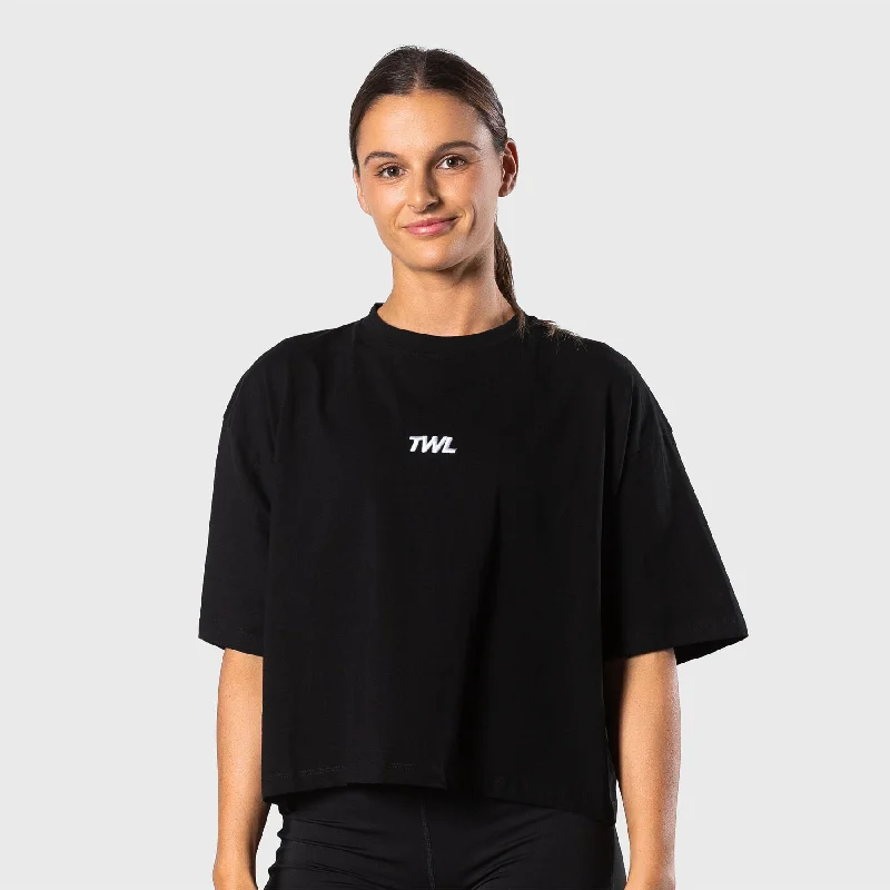 TWL - WOMEN'S OVERSIZED CROPPED T-SHIRT - BLACK/WHITE Silk Blend Satin Velvet