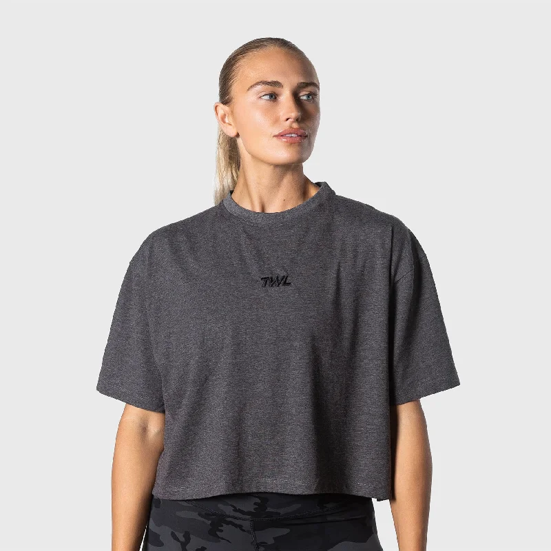 TWL - WOMEN'S OVERSIZED CROPPED T-SHIRT - CHARCOAL MARL Print Jacquard Patchwork