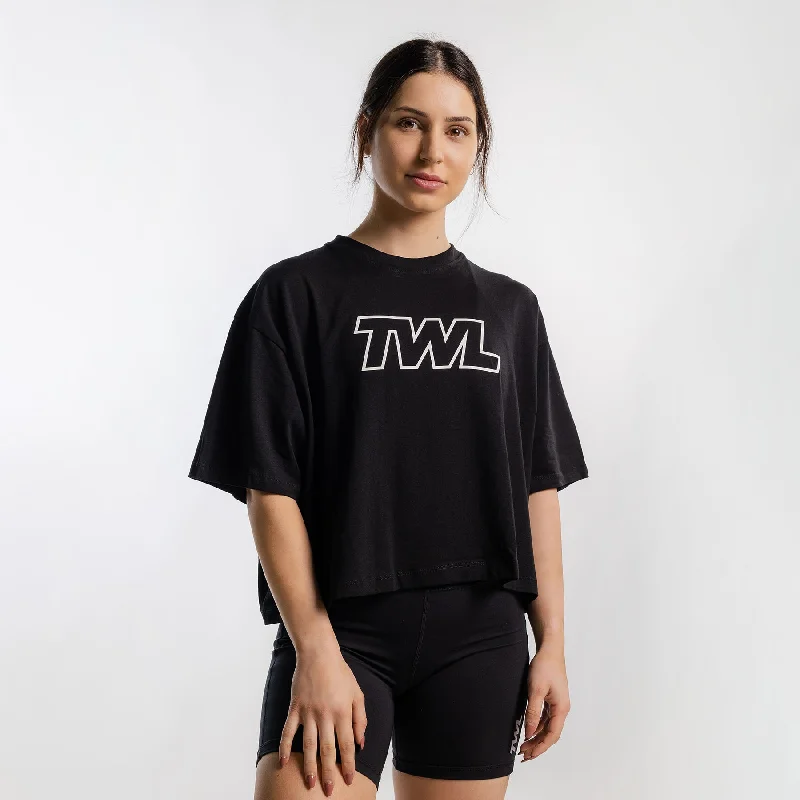 TWL - WOMEN'S OVERSIZED CROPPED T-SHIRT - ATHLETE - BLACK/WHITE Fleece Nylon Spandex