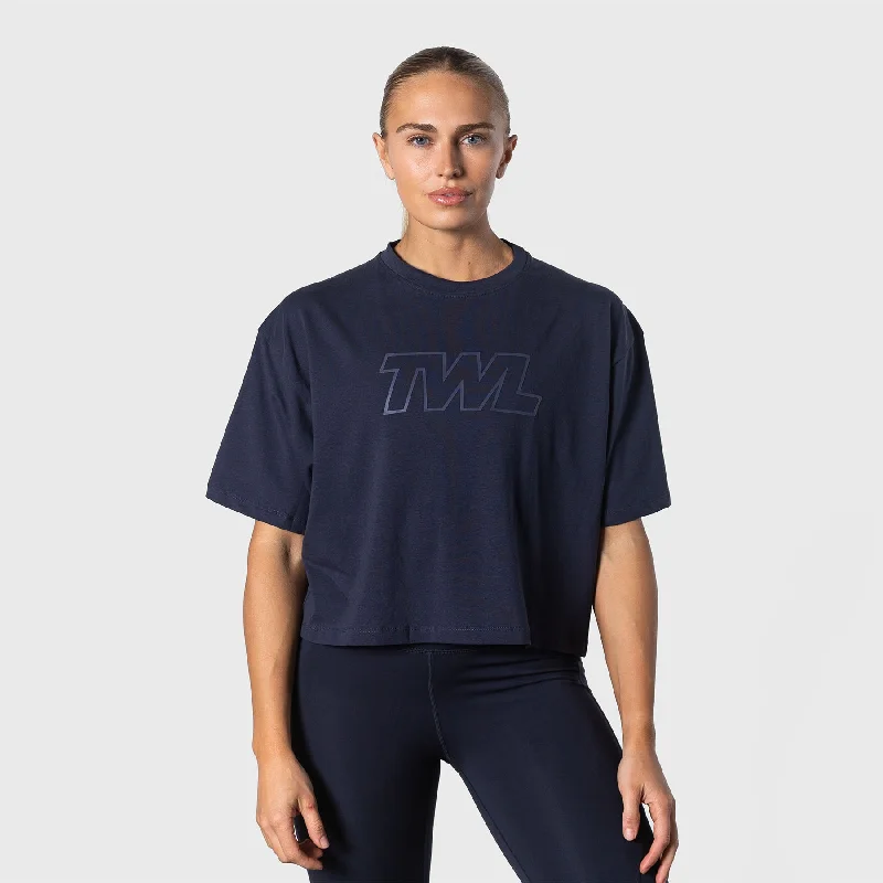 TWL - WOMEN'S OVERSIZED CROPPED T-SHIRT - ATHLETE - MIDNIGHT NAVY Wool Fabric Cashmere Fabric Tweed Fabric