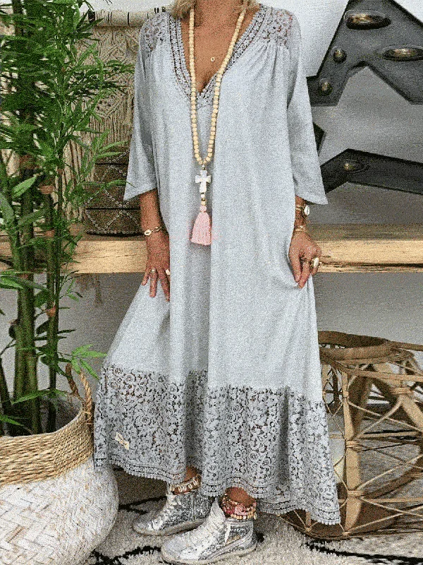 V-neck Lace Stitching Maxi Dress Comfortable Maxi Dress with Sleeves