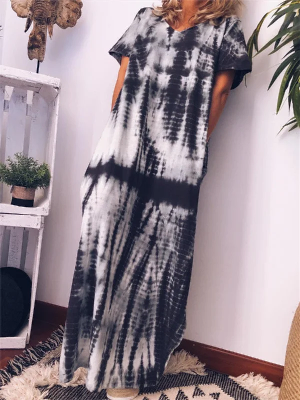 V-neck Short Sleeve Contrast Color Maxi Dress Elegant Tiered Maxi Dress
