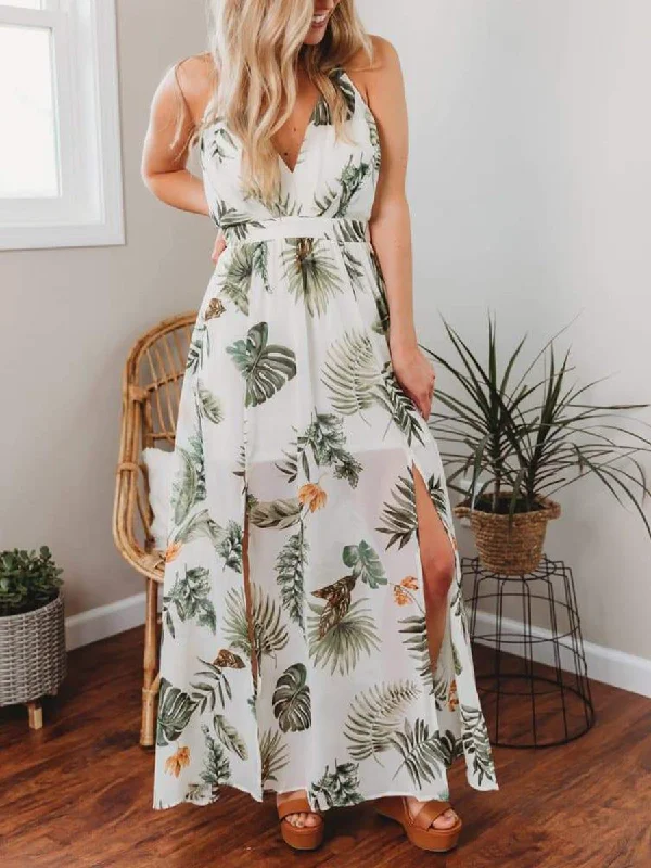 Women V-neck Strap Tropical Print Maxi Dress for Holiday Fashionable Off-Shoulder Maxi Dress Women V-neck Strap Tropical Print Maxi Dress for Holiday Fashionable Off-Shoulder Maxi Dress