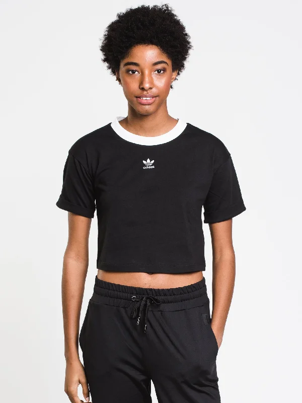 WOMENS CROP SHORT SLEEVE LOGO TEE - BLACK - CLEARANCE Welt Pockets Slit Pockets