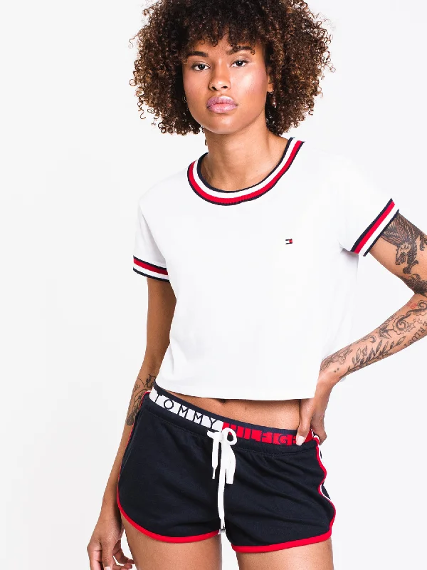 WOMENS CROP SHORT SLEEVE SLEEP TEE - WHITE - CLEARANCE Denim Fabric Leather Fabric Suede Fabric