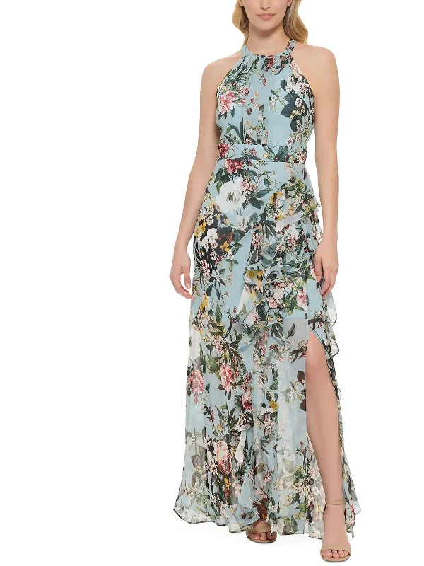 Womens Floral Halter Maxi Dress Trendy Short Sleeve Maxi Dress