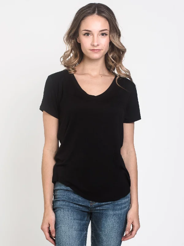 HARLOW LIANNE V-NECK TEE - BLACK Jersey Fabric Tulle Fabric Batik Fabric