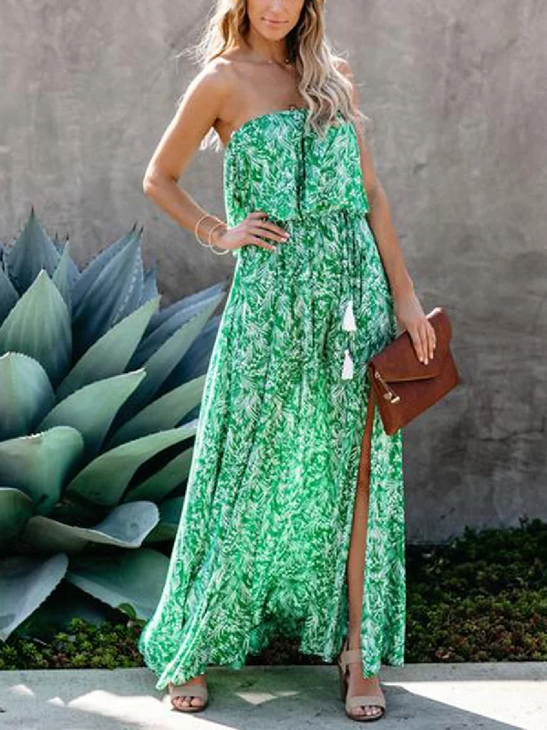 Wrap Chest Tassel Bohemian Casual Print Maxi Dress Elegant Lace-Up Maxi Dress