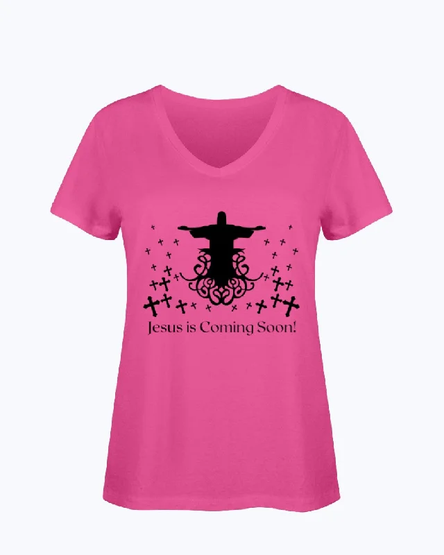 T-Shirt Women's HD V Neck Jesus is Coming Black Hooded Caped Shawl Collar