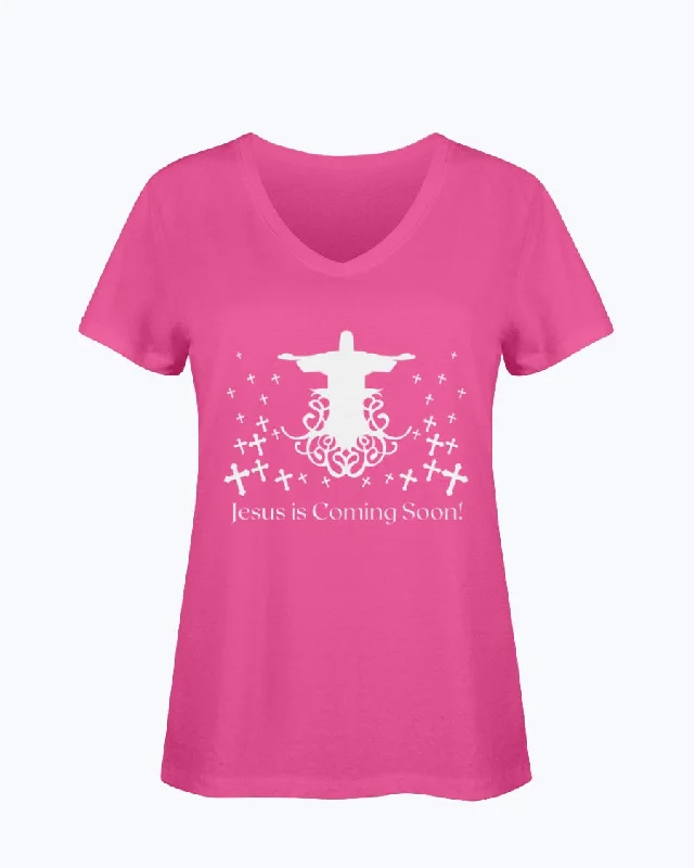 T-Shirt Women's HD V Neck Jesus is Coming White Fitted T-Shirt Seamless Stretchy