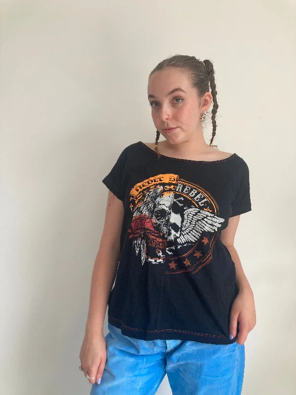Black Skull T-Shirt (L) Notch Collar Peter Pan Collar Cowl Neck