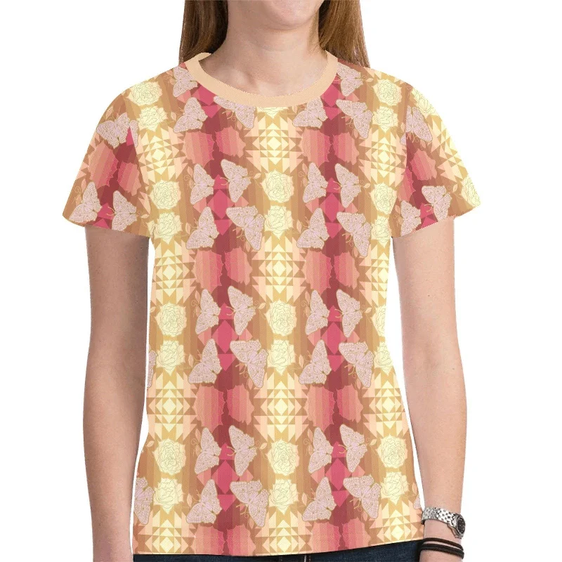 Butterfly and Roses on Geometric T-shirt for Women V-Neck T-Shirt Long Sleeve Cotton Butterfly and Roses on Geometric T-shirt for Women V-Neck T-Shirt Long Sleeve Cotton