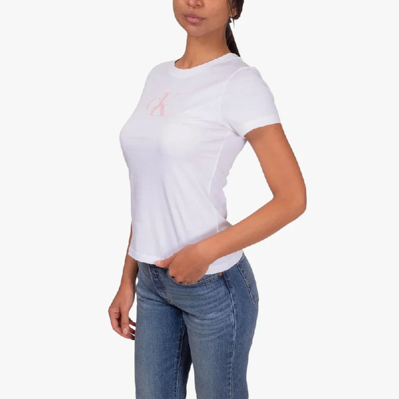Calvin Klein Womens Satin Slim Short Sleeve Tee White Elasticated Padded Insulated