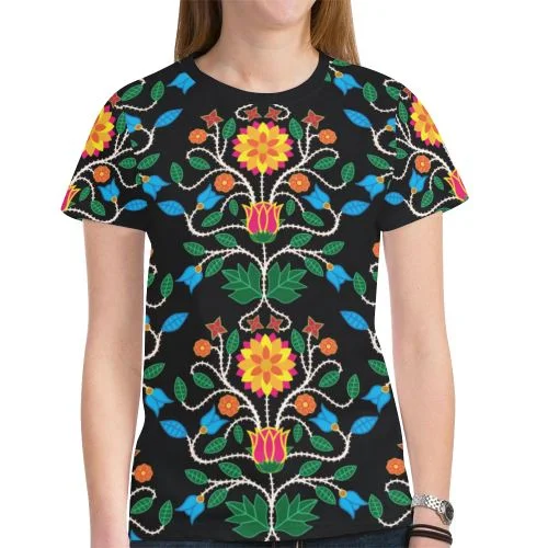 Floral Beadwork Four Clans T-shirt for Women Silk Blend Satin Velvet