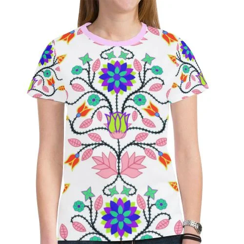 Floral Beadwork Four Clans White T-shirt for Women Houndstooth Herringbone Solid