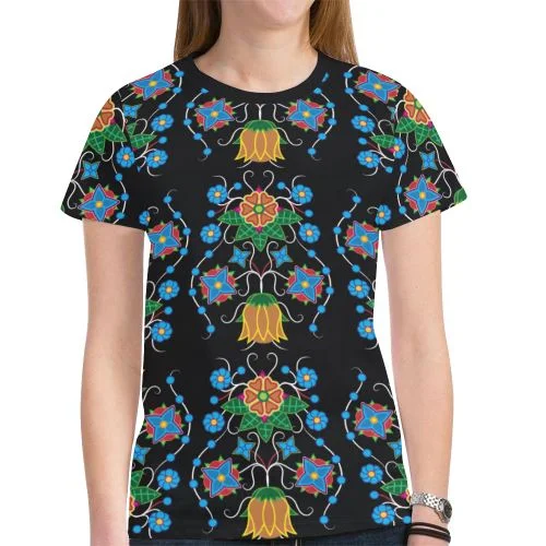 Floral Beadwork Four Mothers T-shirt for Women Graphic Embroidered Appliqued