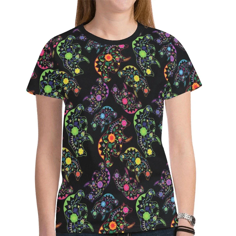 Neon Floral Bears T-shirt for Women Sequined Glittery Shiny